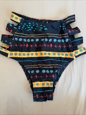 Desigual High-Waist Bikini Bottom in Black with Yellow, Teal & Red Accents